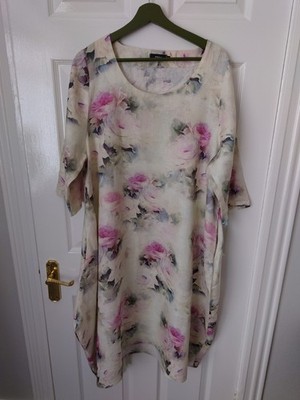 Ralston rosa Blumen 100% Leinen Midi/Maxikleid Ballonsaum Größe Medium Taschen