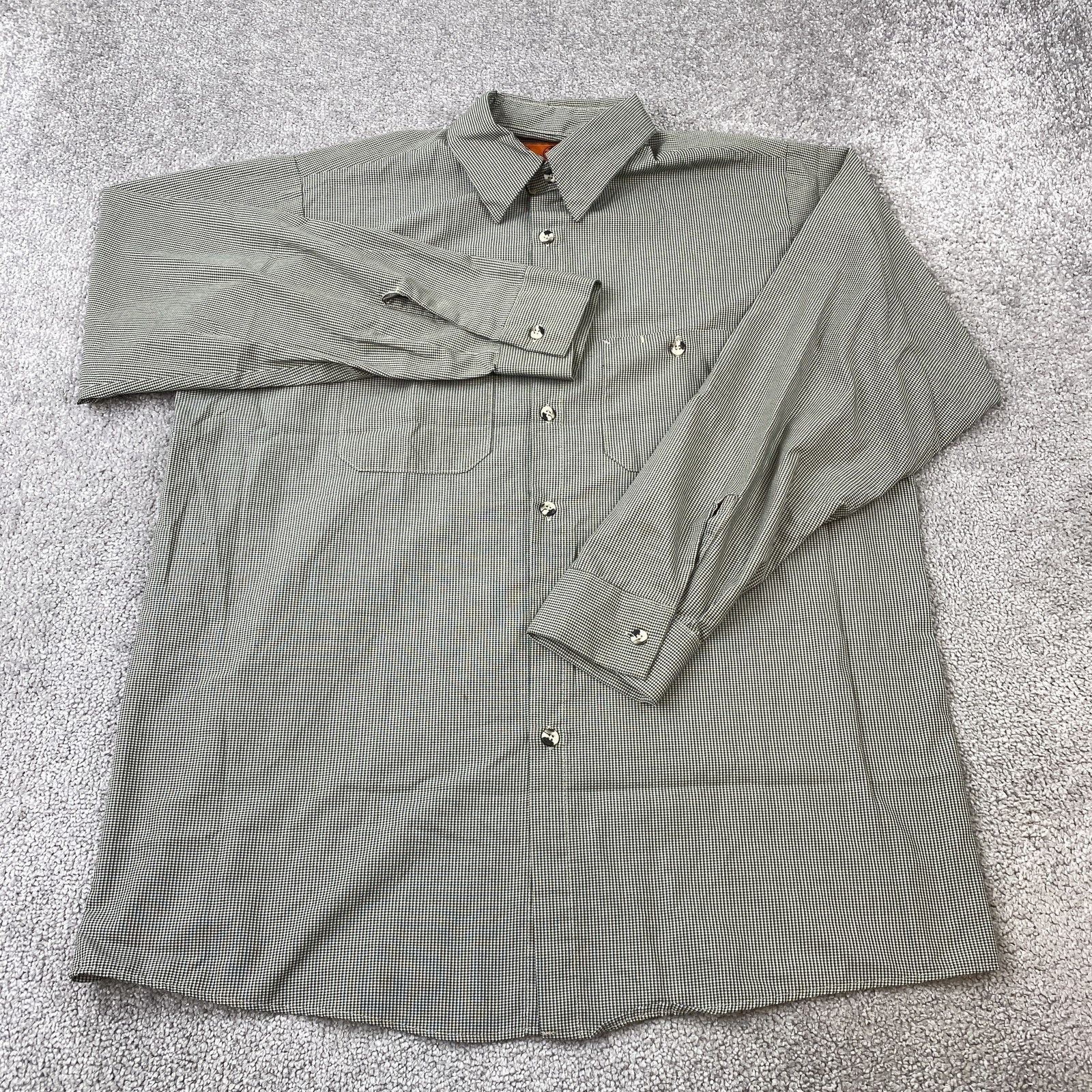 Red Kap Button Up Shirt Men's Large Long Sleeve Green Check Polyester