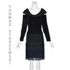 THOMASZ STARZEWSKI Vintage Black Velvet  & Crepe Cocktail Dress w/Fringe SZ SM