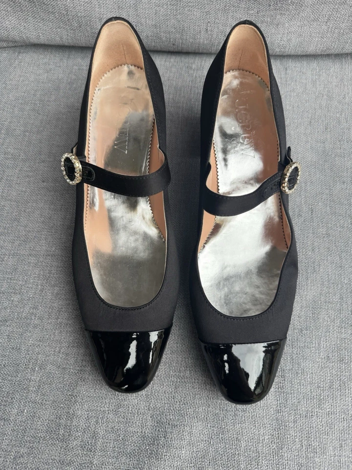 Tacones J.Crew Millie Mary Jane Talla 9 Satinado y Cuero Negro Hebilla Estrás Foto 2 de 4