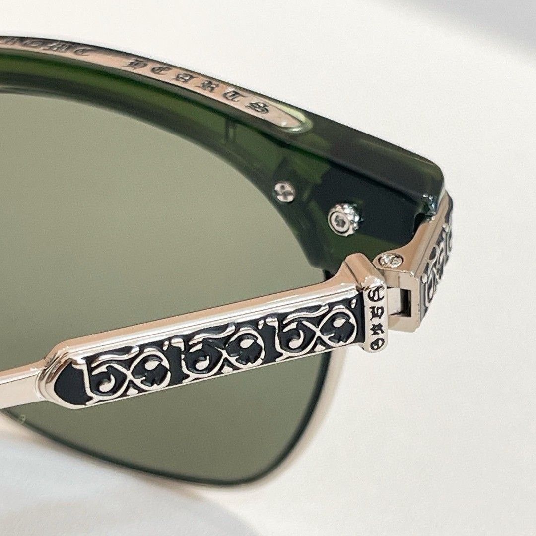 Chrome Hearts Green Lens Sunglasses Silver Frame Cross Temples Unisex w/ Case image 5