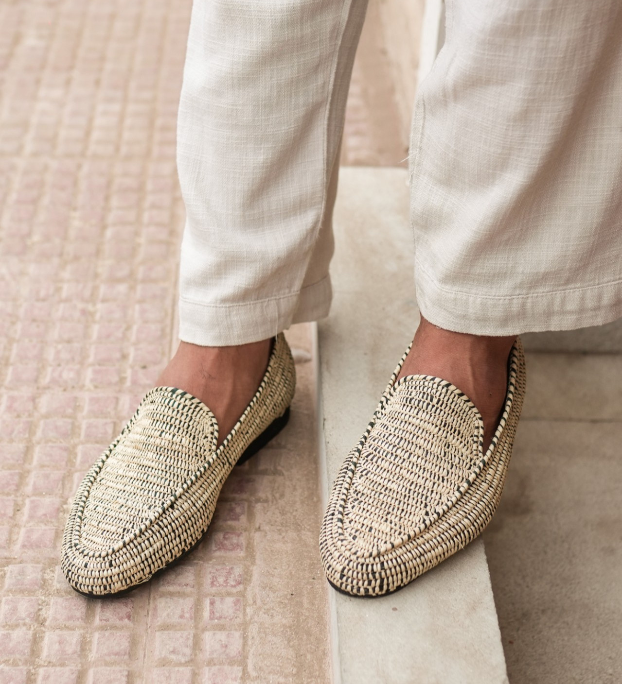 Mocasines de rafia tejidos a mano para hombre | Hechos a mano marroquíes | Beige y negro