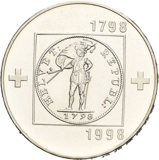 Künker: Svizzera 20 franchi 1998 200 anni Repubblica Elvetica argento ottimo!