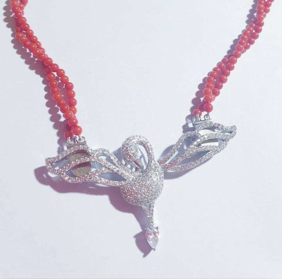 Karina "La Fenice" Argento 925 c.zirconi mm L62xh35+Corallo Bambù mm.3,50, cm.49 - Immagine 2 di 4