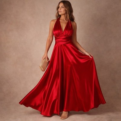 Fiesta Red Satin Halter Evening Dress Maxi Formal Prom Pageant Glam Y2K
