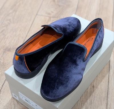 $760 Mens SANTONI Smooth Velvet Evening Shoes Smoking Slippers Blue US 9.5