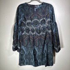 Earthbound Trading Womens Tunic Dress Size S Boho Bell Sleeve Paisley Blue