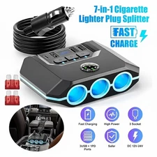 120W Car Cigarette Lighter Splitter 3 Socket USB Charger 12V 24V Switch Voltage