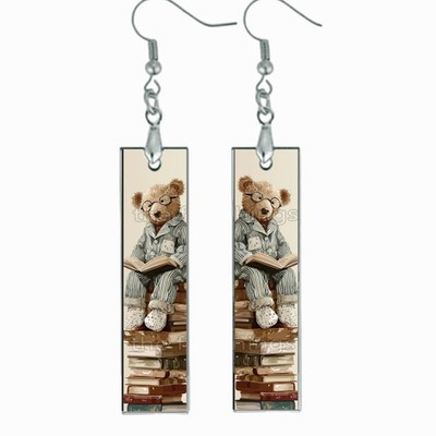 Bedtime Teddy Bear Dangle Bar Earrings Wood Reading Book Lover Fashion Jewelry
