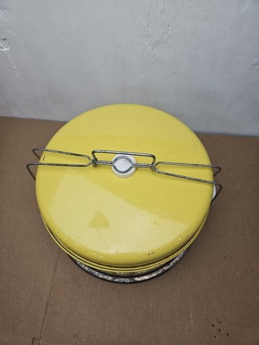 Vintage MCM Flowers Yellow Metal Double Decker 4 pc. Cake / Pie / Carrier Tin - Picture 2 of 18