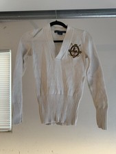 Vintage Ralph Lauren Sport Sweater Women Ivory White Cotton V-Neck
