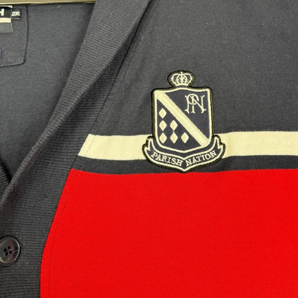 Cárdigan Suéter Cuello Chal 2XL Parish Nation Para Hombres Azul Marino Rojo Blanco Logo a Rayas Foto 4 de 4