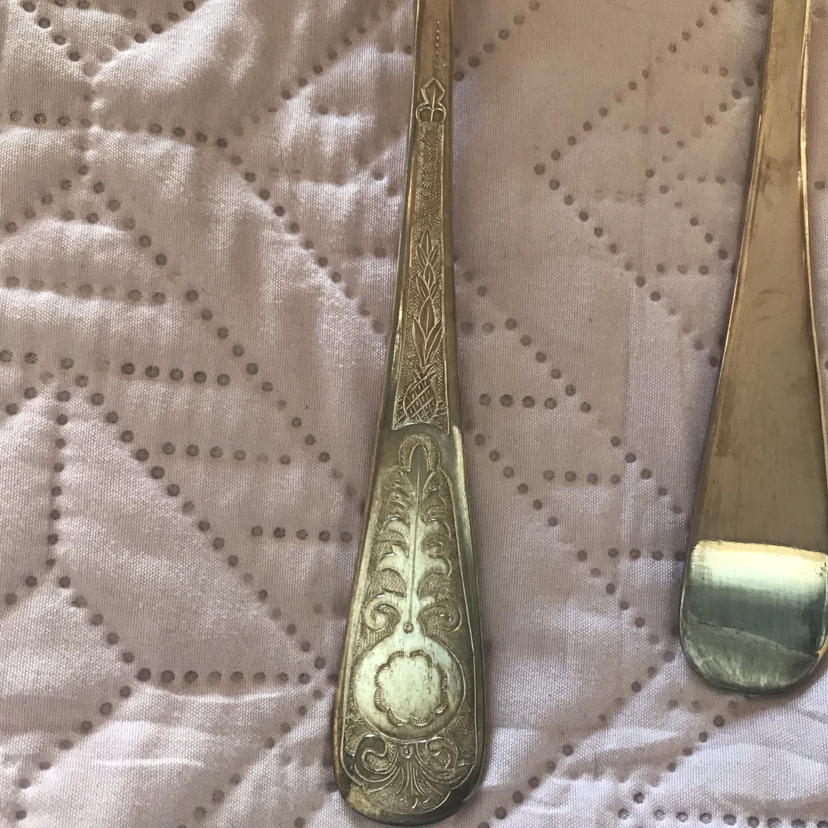 2 VINTAGE GOLD WASH EMBOSSED SILVER PLATED LGE FRUIT SPOONS