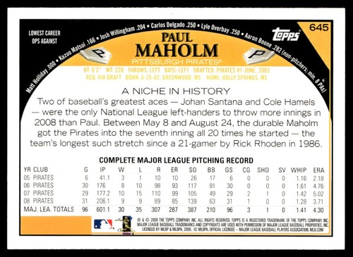 2009 Topps Paul Maholm Pittsburgh Pirates #645 - Picture 2 of 2