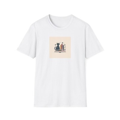 Reading Cat Illustration T-Shirt | Book & Cat Lovers Cozy Library