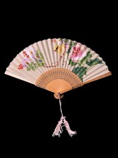 Vintage Bamboo Hand Fan Asian Floral Nature Art Handheld Folding Fan Engraved 8  