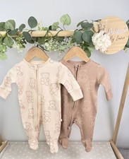 NEXT Baby Unisex Set Of 2 Zip Up Beige Teddy Bear Sleepsuits Upto 1 Month