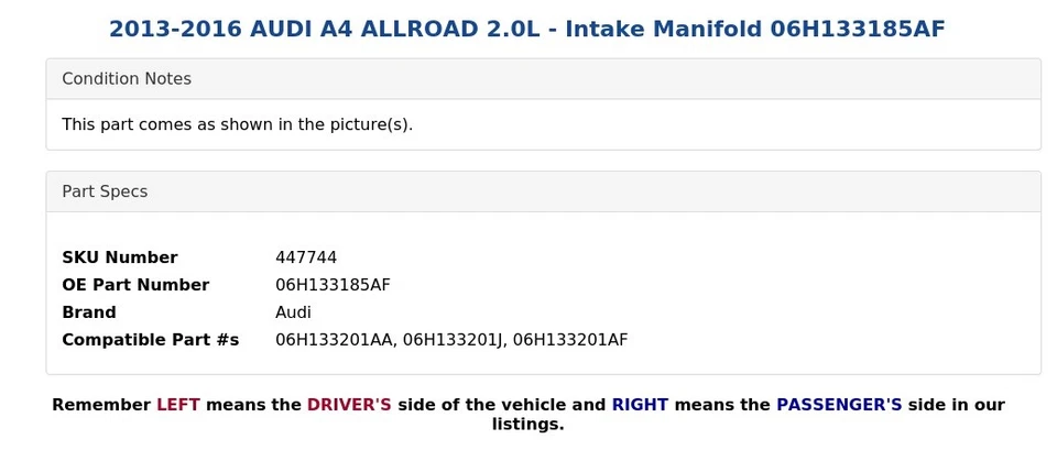 AUDI A4 ALLROAD 2013-2016 2,0 L - colector de admisión 06H133185AF Foto 4 de 4
