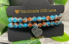 2 PC Handmade Beaded Stackable 7 Plus Stretch Mom Heart Bracelet Set New B3697