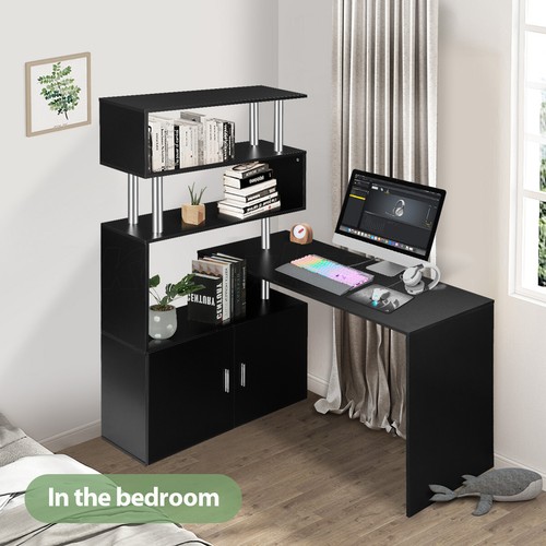 120cm Computer Desk with 3 Shelves and Cabinet Home Office Furniture Black - Picture 5 of 12