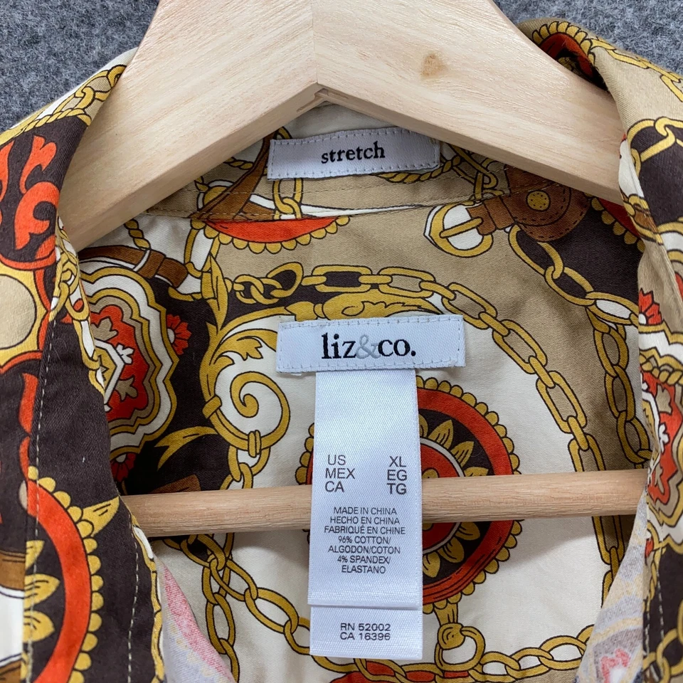 Liz & Co. Рубашка женская XL бежевая с геометрическим узором на пуговицах с воротником с длинным рукавом эластичная - Изображение 3 из 4