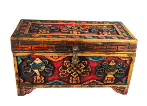 Large Tibetan Buddhist Chest In Wood With Carved Auspicious Symbols # 3071