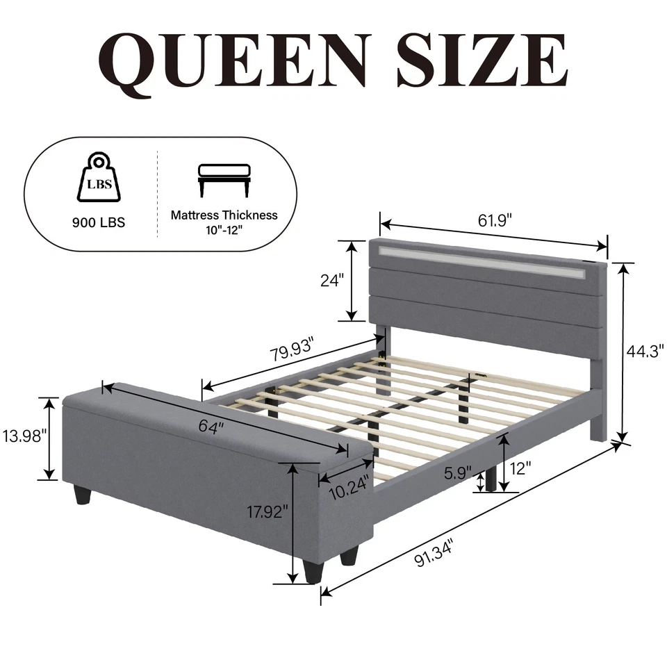 Marco completo/queen/cama con cabecero de almacenamiento/tapizado con estación de carga Foto 3 de 4