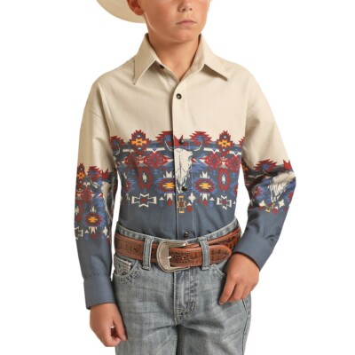 Panhandle  Boy's Navy Aztec Border Print Snap Up Shirt C0S3013