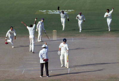 England batsman Jack Russell is out LBW to Kenny Benjamin dur- Old Cricket Photo
