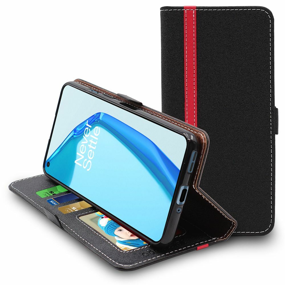 Cover OnePlus 9 Pro Custodia Portafoglio Pelle PU Libro Flip, Nero / Rosso