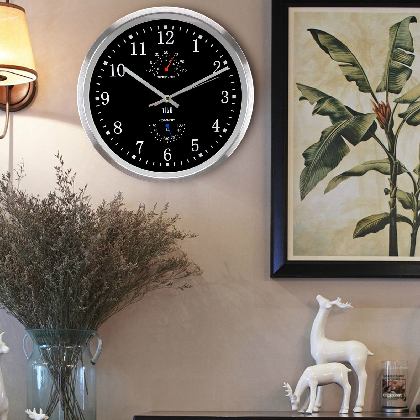 HITO 12 Inch Silent Wall Clock Battery Operated Non Ticking Glass Cover Silve...