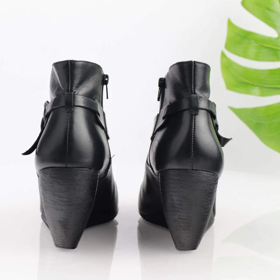 Anthropologie Schuler Sons Boot Size 10 Black Leather Wedge Heel Strap Bootie - Imagem 4 de 4