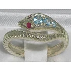 Fabulous Solid 925 Sterling Silver Natural Blue Topaz & Ruby Detailed Snake Ring