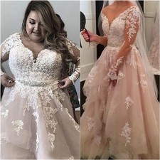 Crystals Lace Plus Size Wedding Dresses V-neck Long Sleeves Tiers Bridal Gowns