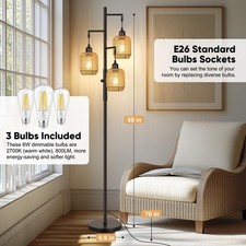 ROTTOGOON Dimmbare Boho Stehlampe - 3 Leuchten Landhaus Rattan Stehlampe für...