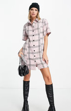 ASOS Petite Womens Pink Check Mini Dress Short Sleeve RRP £38