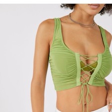 Urban Outfitters NWT Ruched Lace Up Cropped Sheer Tank Top Women s Medium Green