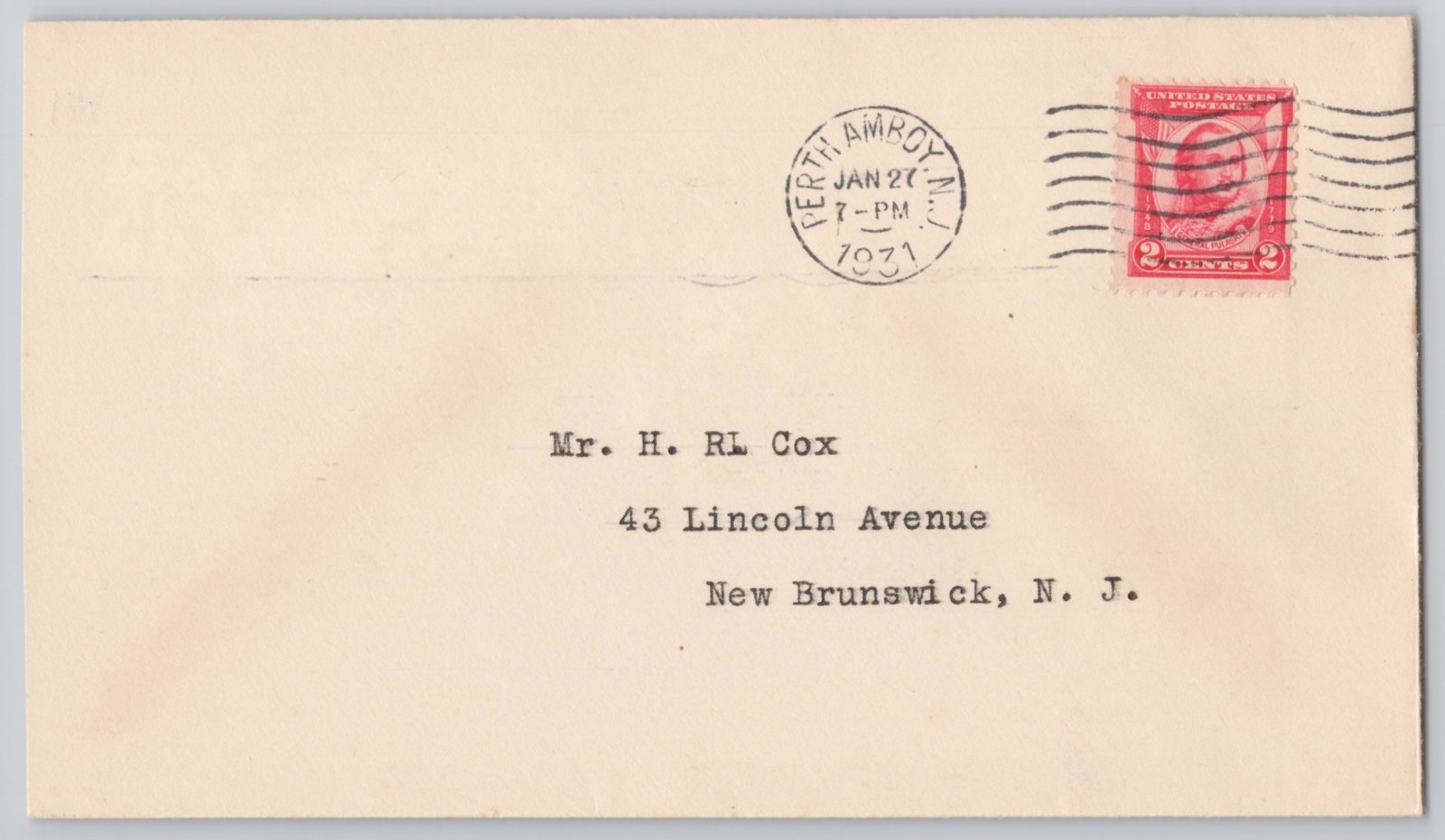 Perth Amboy, NJ, Typed Address Envelope to New Brunswick, , 2c Stamp 1931