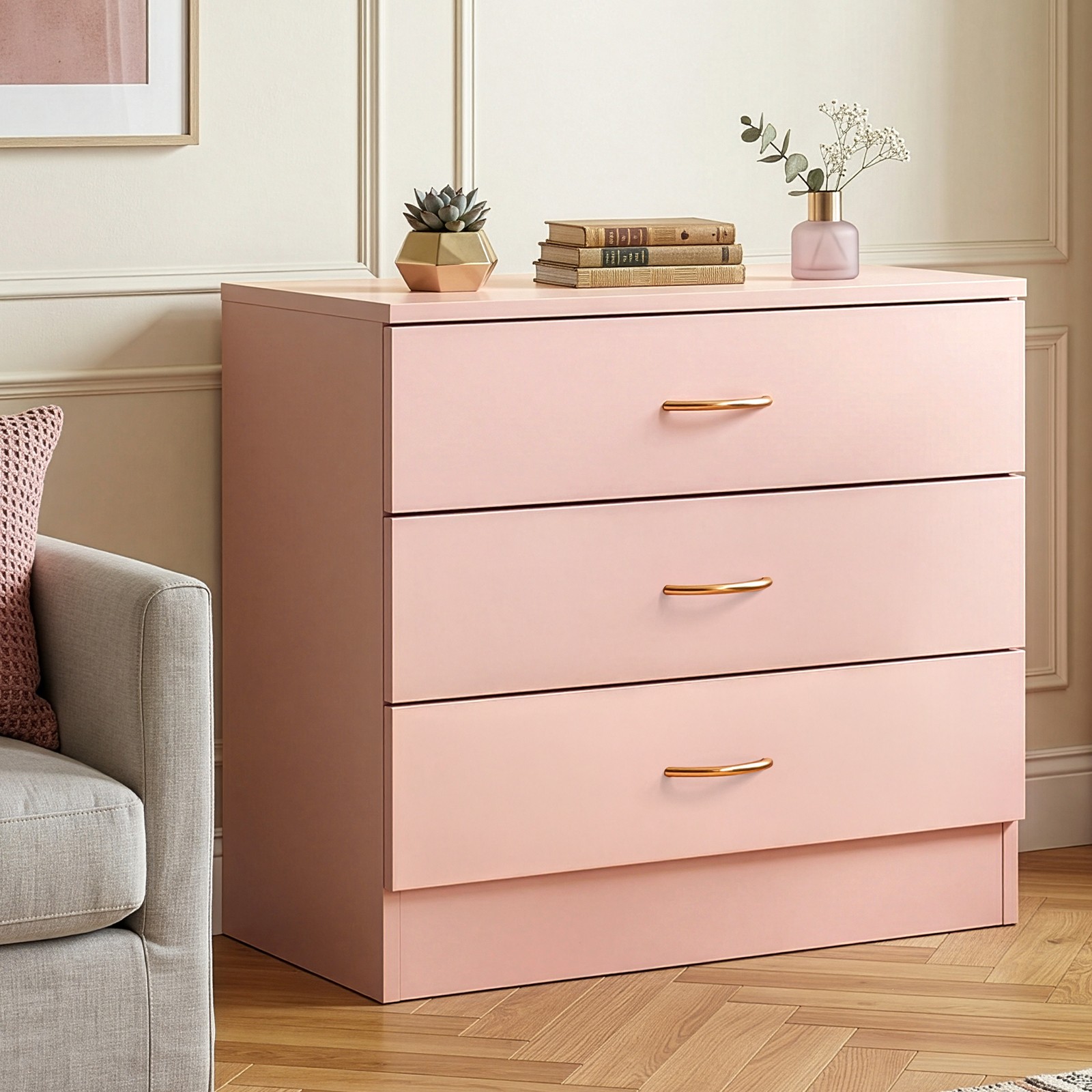 Pink Wooden Dressers Chest of Drawers 3 Drawer Finish Bedroom Storage Furniture