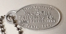 VTG Charge Coin Tag: McCASKILL TAILORING CO; Tampa FL; Men's Furnishings #492
