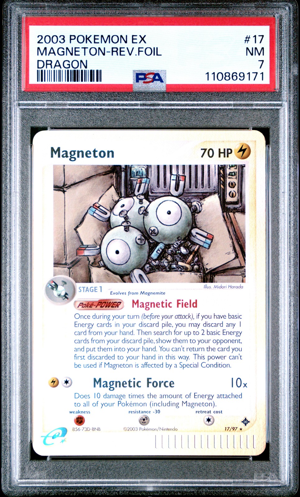 2003 POKEMON EX DRAGON #17 MAGNETON-REVERSE FOIL PSA 7