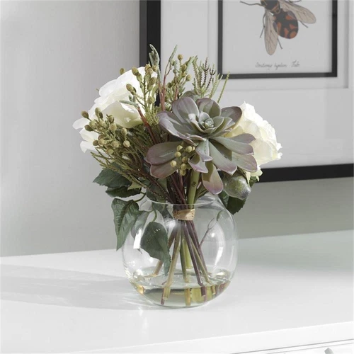 Uttermost Belmonte Polyester Glass Plastic Floral Bouquet & Vase in Green/White - Picture 6 of 7