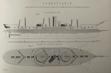 Antique Print – 1877 Turret Ship Engraving | Naval Plan | Cowper Coles Design