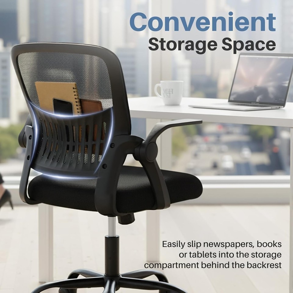 Black Mid Back Computer Chair - Adjustable Height with Flip-Up Armrest ...
