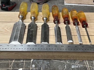 William Marples Vintage Stechbeitel Set Schwanenhals Marmeladengriff mit seltener 2'' Klinge.