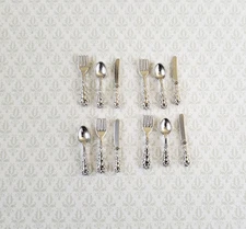 Dollhouse Miniature Silver Flatware Silverware Fancy 4 Place Settings 1:12 Scale