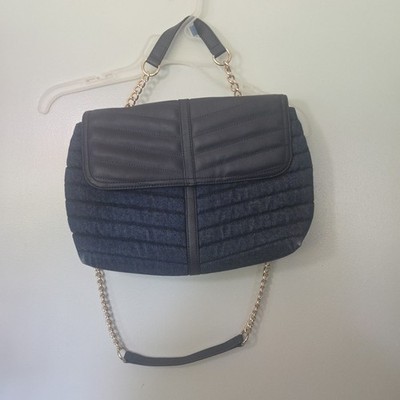Talbots Quilted Blue Denim Bucket Handbag Purse Tote  Gold Chain Straps Lined 