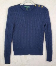 Ralph Lauren Aran Knit Cotton Blend Navy Blue Sweater Signature Crest Button PXS