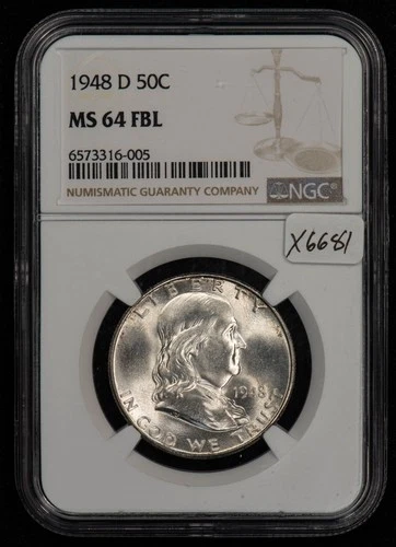 1948-D 50c Franklin Silver Half Dollar - Full Bell Lines - NGC MS 64 FBL - X6681