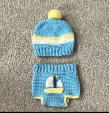 NWOT Blue and Yellow Crochet Baby Hat and Diaper Cover Set, Sailboat,0-3 months